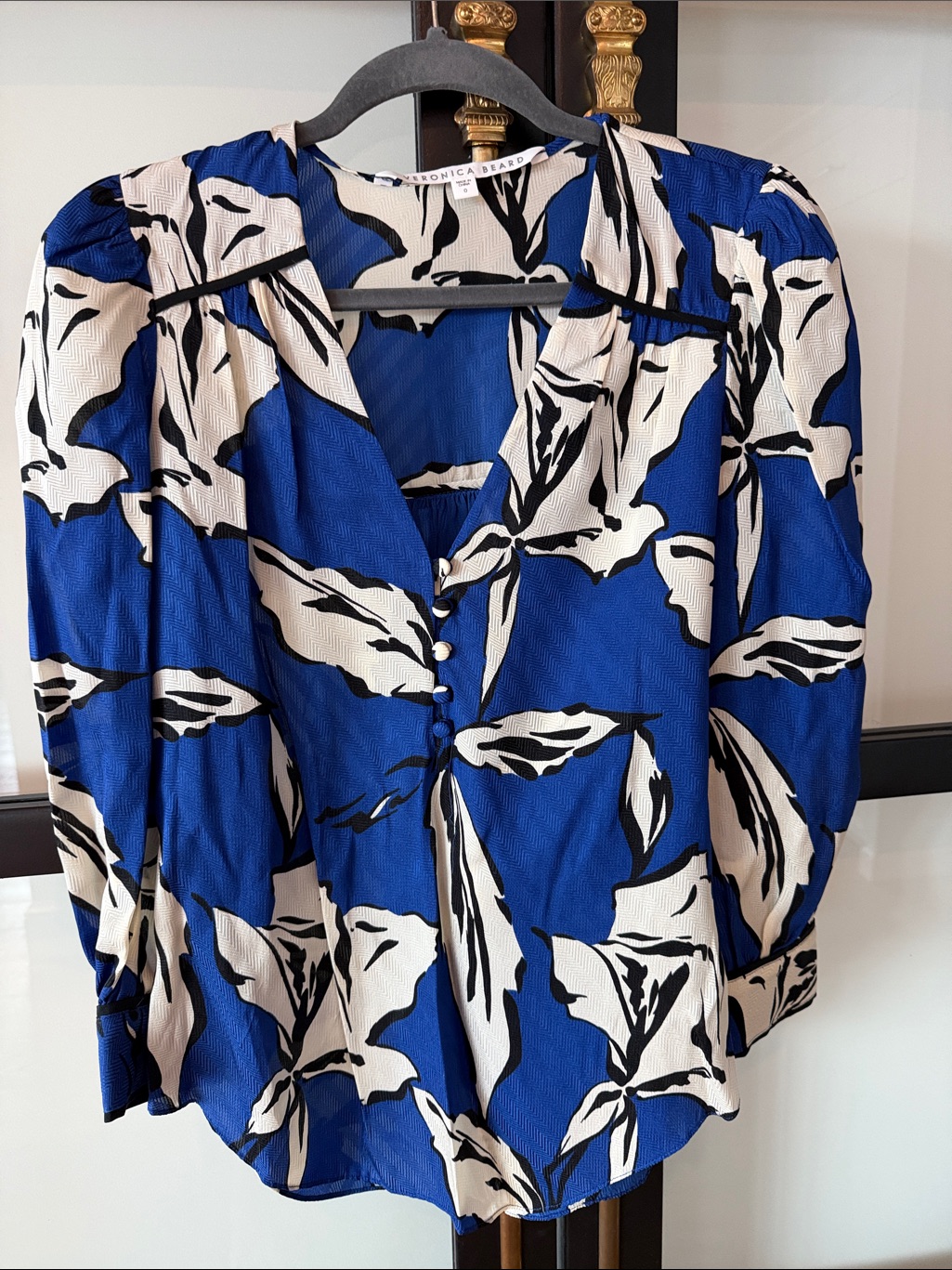 Veronica Beard Royal Blue, White & Black Floral V-Neck Blouse